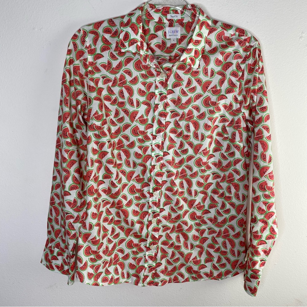 J Crew long sleeve button down cotton watermelon top womens size medium